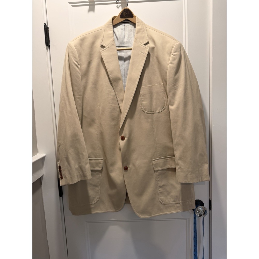 VTG Petrocelli Khaki Cotton Sport Coat Blazer Mens 46R(?) Patch Pockets 3-Button